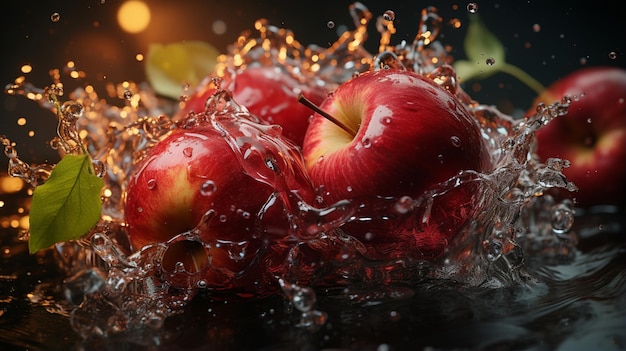 An apple is being dropped into a splash of water