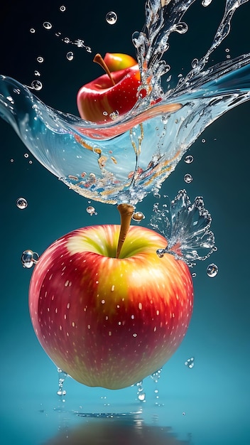 An apple is being splashed with water and the apple is being poured into it