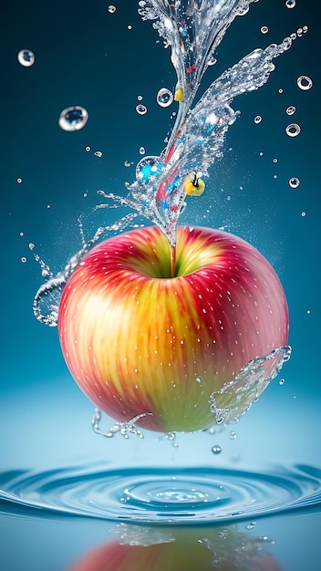 사과에 물과 방울이 뿌려지고 있습니다.