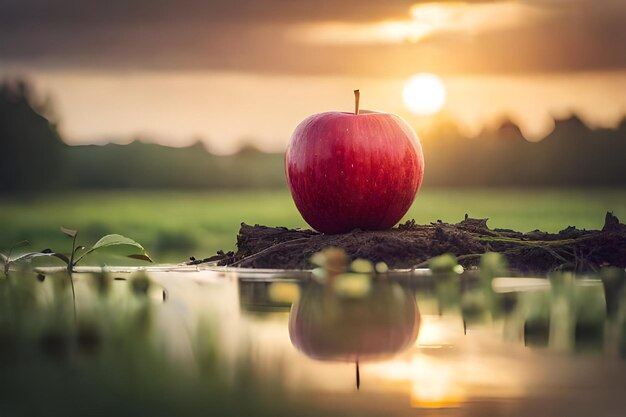 Foto una mela giace a terra nel campo al tramonto.