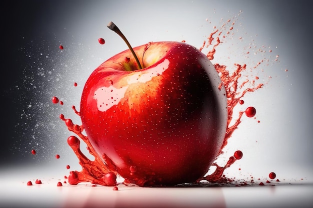 An apple is splashing in the air with a blue background.