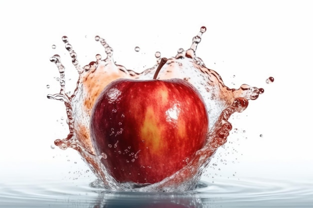 사과가 물에 튀고 물 속으로 떨어지려고 합니다.