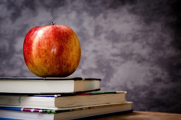 An apple is on top of a stack of books.