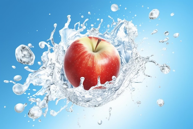 An apple is in the water with a blue background.