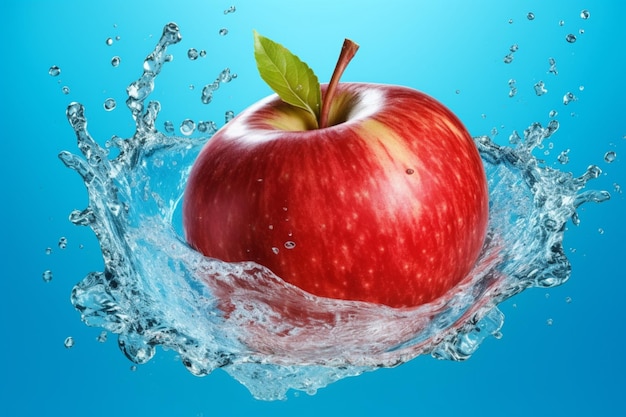 An apple is in the water with a splash of water.