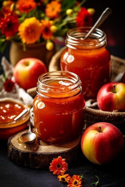 Apple jam in a glass jar apple jam on a wooden background delicious natural marmalade