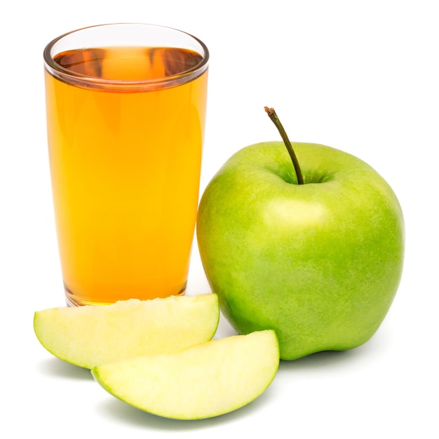 Apple juice and apple slices isolated on white background