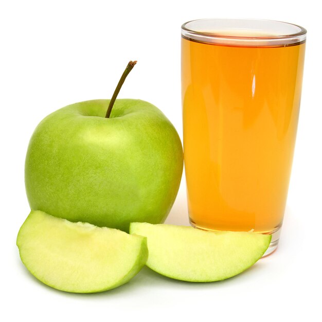 Apple juice and apple slices isolated on white background