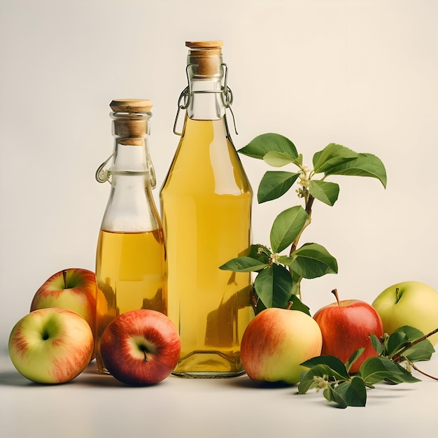Apple juice in glass bottles with apples around on the light background high resolution