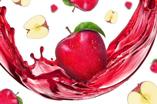 Apple Juice splashing with green leaves on white background