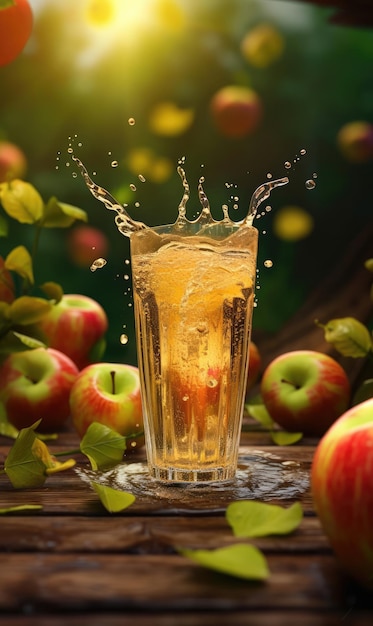 Apple juice with splashes with apple fruit in studio background restaurant with garden
