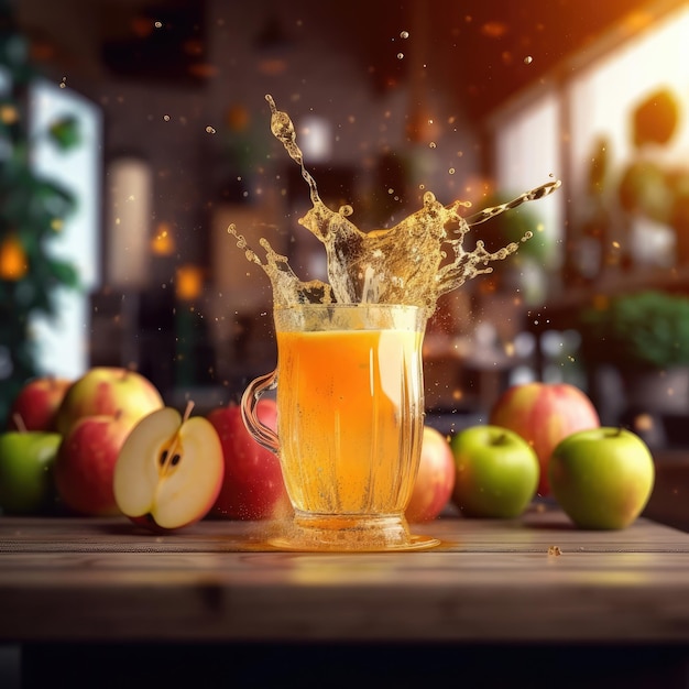 Яблочный сок с брызгами яблочных фруктов в студийном ресторане с садом
