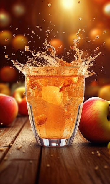 Яблочный сок с брызгами яблочных фруктов в студийном ресторане с садом