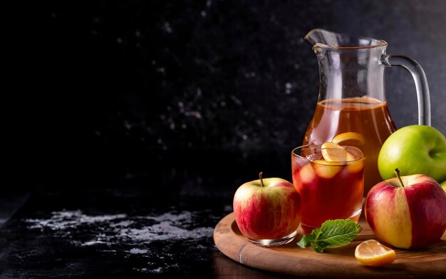 Apple juice on a wooden tray On a black background