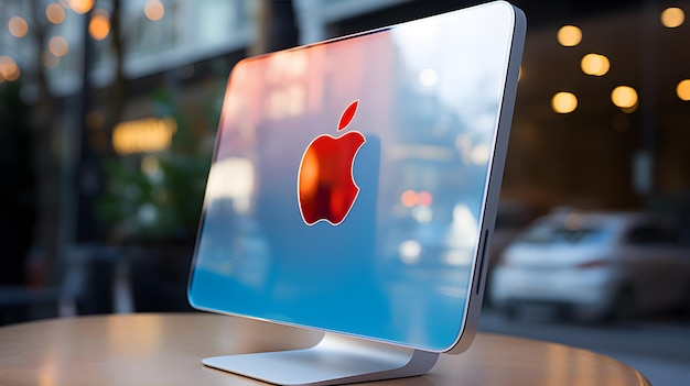 Apple のロゴがテーブルの上のコンピュータ画面に表示される