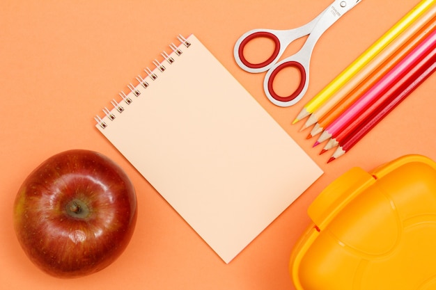 Apple, notebook, scissors, color pencils and lunch box on pink background.
