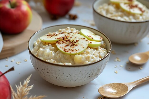 Apple Oatmeal and Juice in Bowls with Spoons