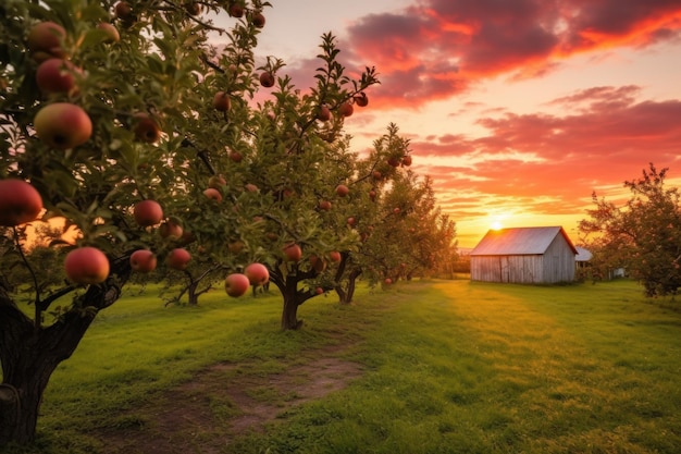 Apple orchard landscape during sunset created with generative ai