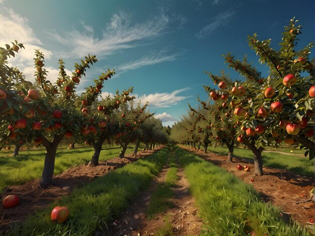 An apple orchard trees with ripe apples on them
