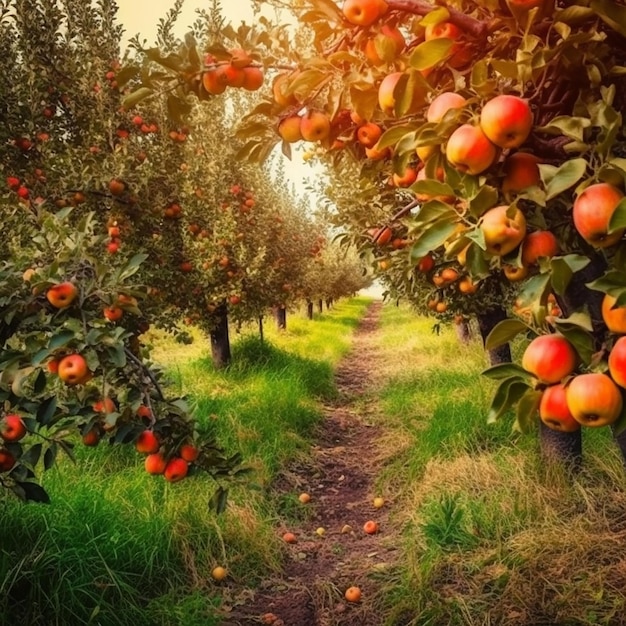 An apple orchard with apples on the branches