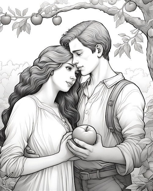 Apple Orchard With Couple Coloring Page