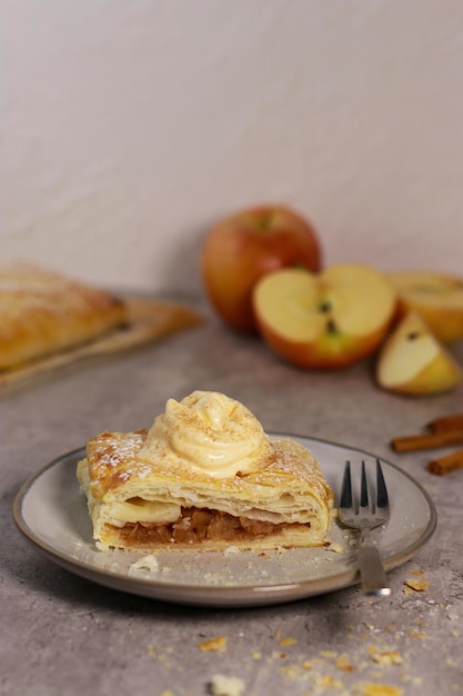 apple pastry strudel roll with cinnamon on grey marble table