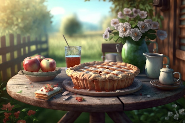 Apple pie in apple garden Illustration AI GenerativexA