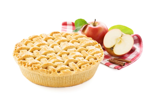 Apple pie, apples and red checkered tablecloth