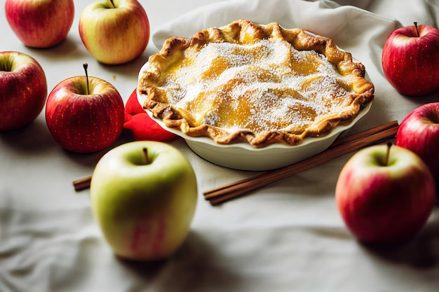 Apple pie bun with apples and cinnamon on table with tablecloth