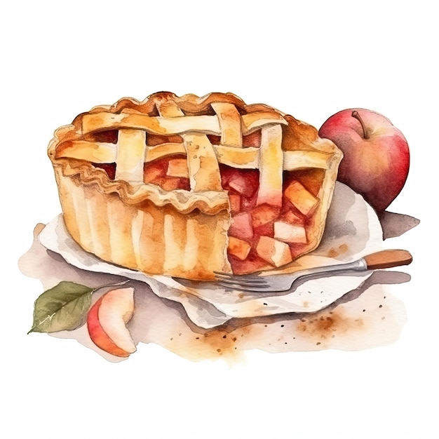 Apple pie isolated on white background Watercolor illustration