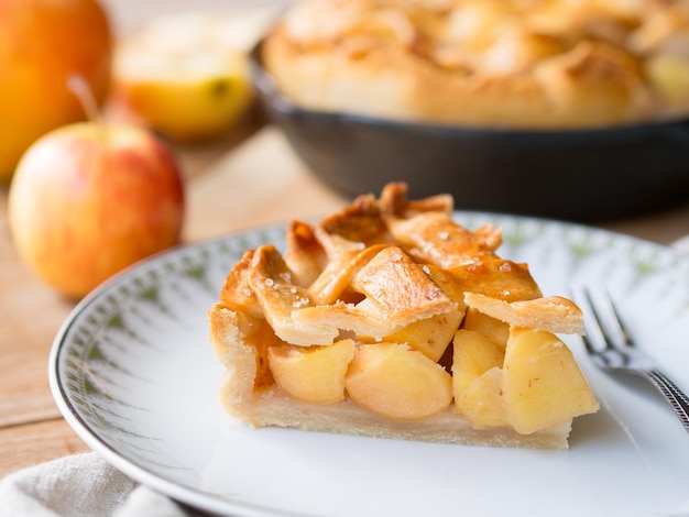 Apple pie pastry on a white plate, sweet food concept.