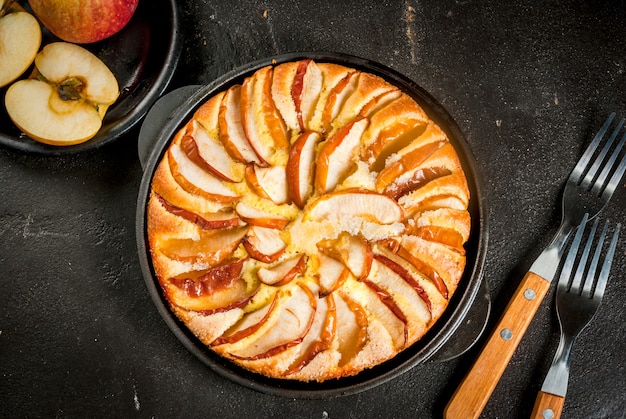 Apple pie in a portioned cast-iron frying pan