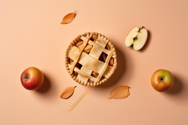 A apple pie sits on a stick next to a few apples on pink orange background