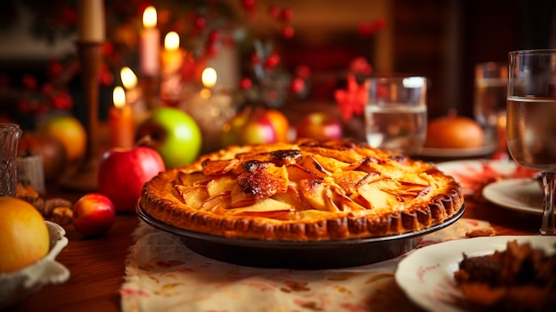 apple pie on the table against the backdrop of a family dinner Selective focus