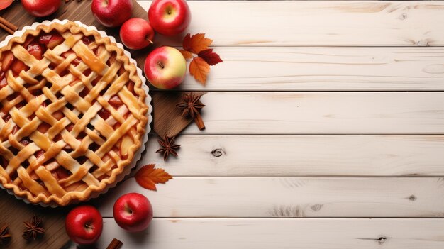 Apple pie on a table with white wood planks generative ai