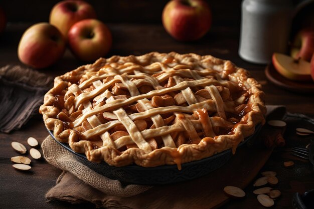 Apple pie with apples on the table