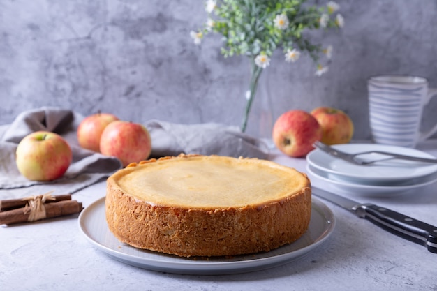 Apple pie with cinnamon and sour cream. Homemade baking. Traditional Russian pie.