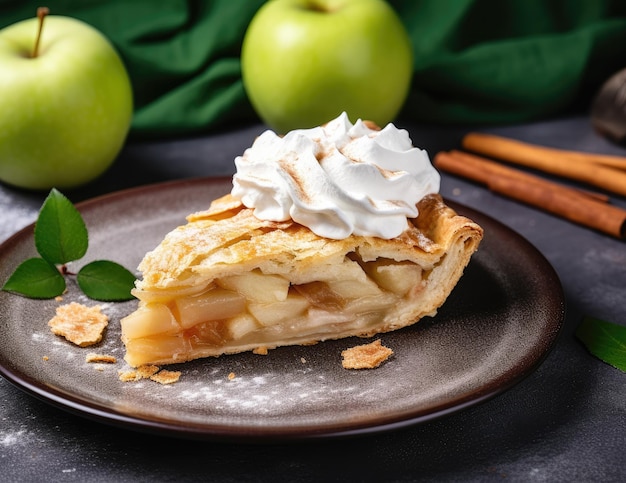 Apple pie with cottage cheese cream and apple wedges on a square plate Thanksgiving recipe