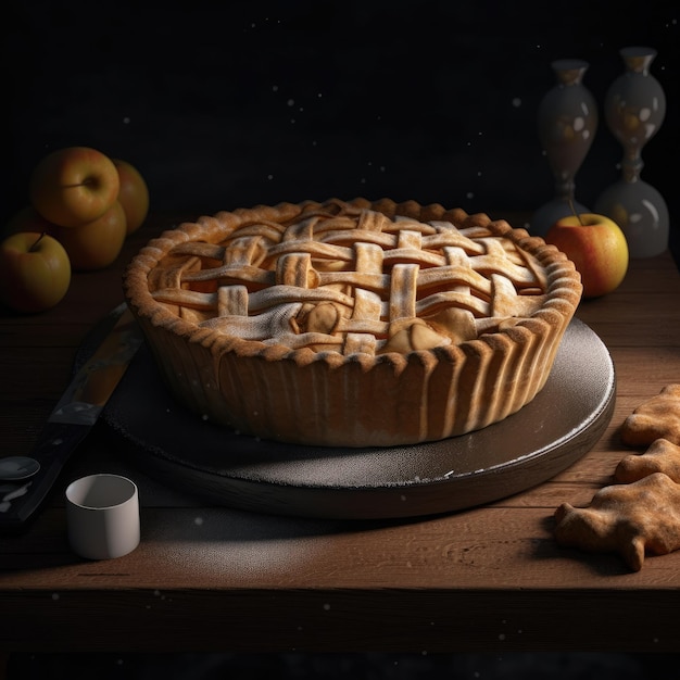 A apple pie with a lattice pattern on the top.