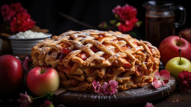 Фото Яблочный пирог с нарезанными яблоками на тарелке с размытым фоном