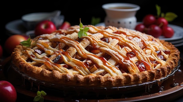apple pie with sliced apples on a plate with blur background