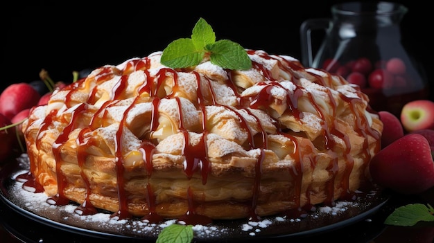 apple pie with sliced apples on a plate with blur background