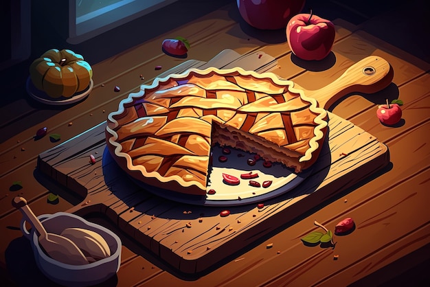 Apple pie on a wooden table framed vertically