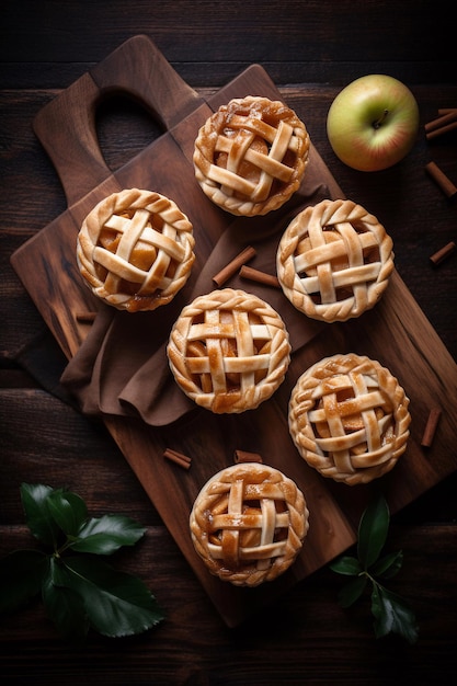 Apple pies on a wooden board with a green apple on the top.