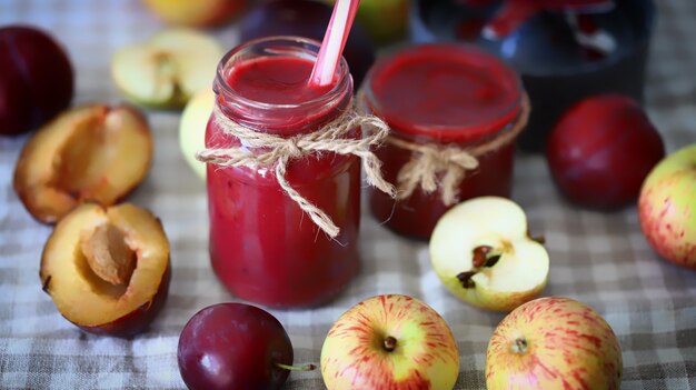 Apple and plum smoothie surrounded by fruits