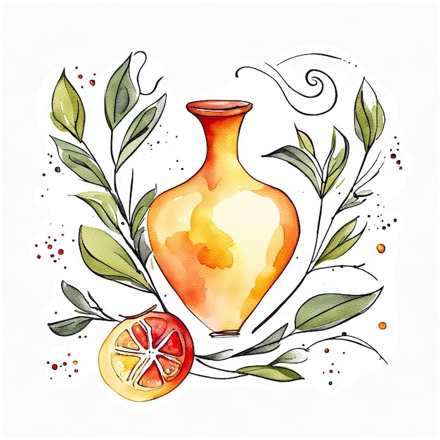 Apple and Pomegranate fruit jewish religious watercolor illustration on white