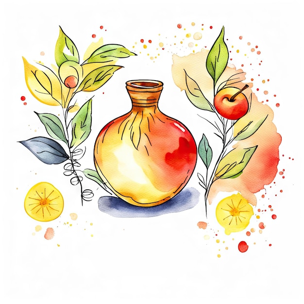 Apple and Pomegranate fruit jewish religious watercolor illustration on white