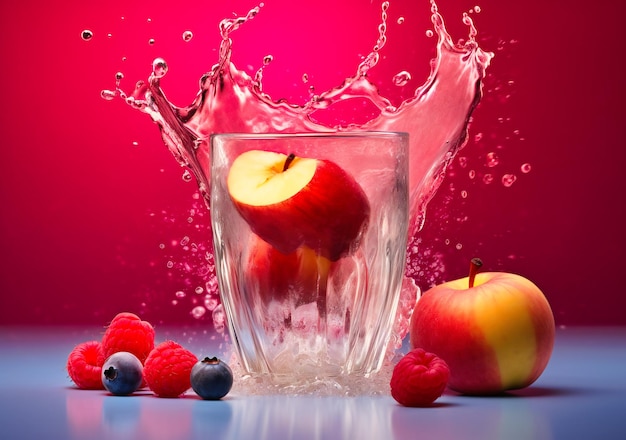 An apple and raspberry is splashing into a glass of juice