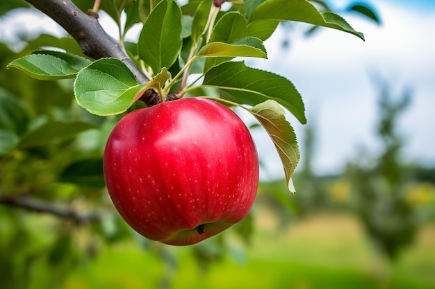 An apple ripening on tree on sunny day Generative AI