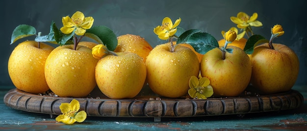 Photo an apple salver with twig flowers and yellow apples